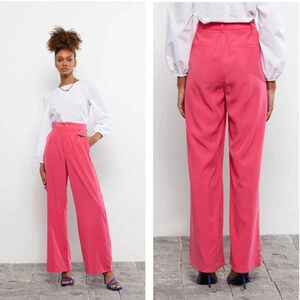 LC Waikiki High Waist Wide Legs Dress Pants Bright Pink Trousers Size 10 Lyocell